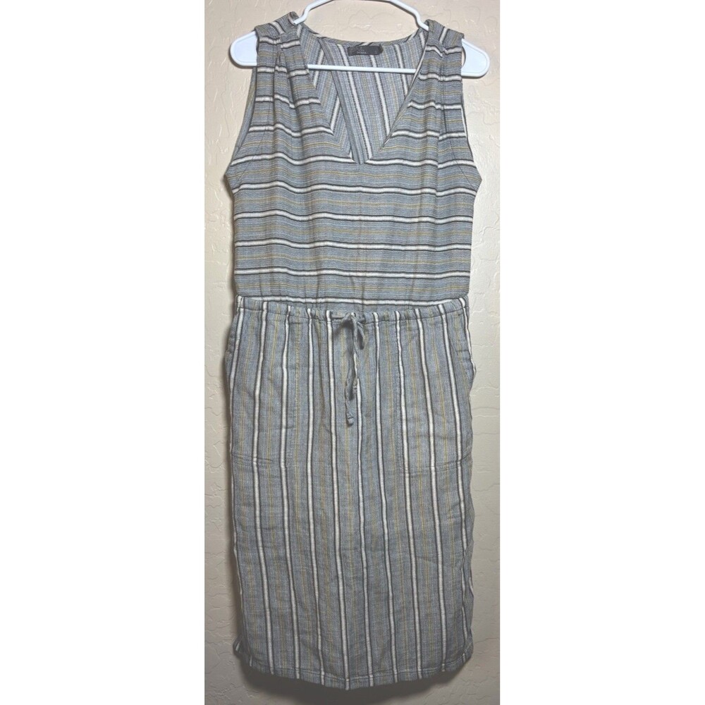 prAna Striped Sleeveless V-Neck Drawstring Waist Knee Dress Size S Organic
